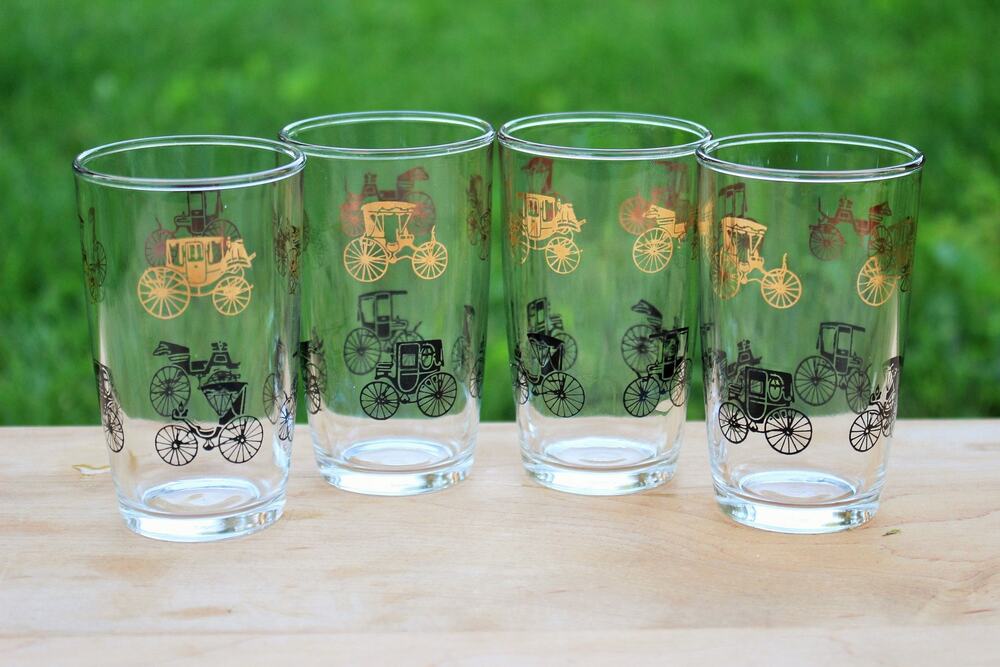 Hazel Atlas Buggy Juice Glasses Set of 4 Gold Black 1950s Mid Century Barware